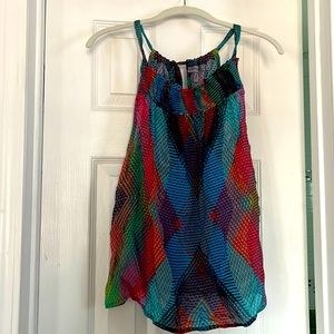 Sheer printed tank with back tie and smocking